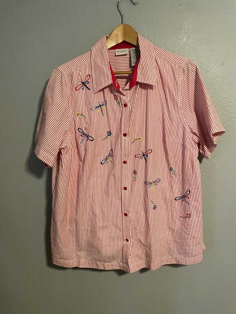 White Stag Womens Top 16W Striped Embroider Dragonfly Floral Cottage Butter Mom